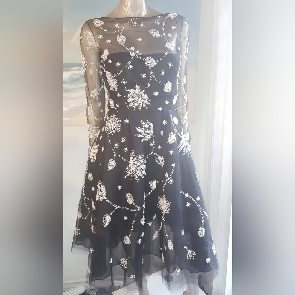 $7,900 OSCAR DE LA RENTA EXCL FLORAL EMBROID BLACK TULLE SILK MIDI DRESS 6 M - Picture 7 of 16